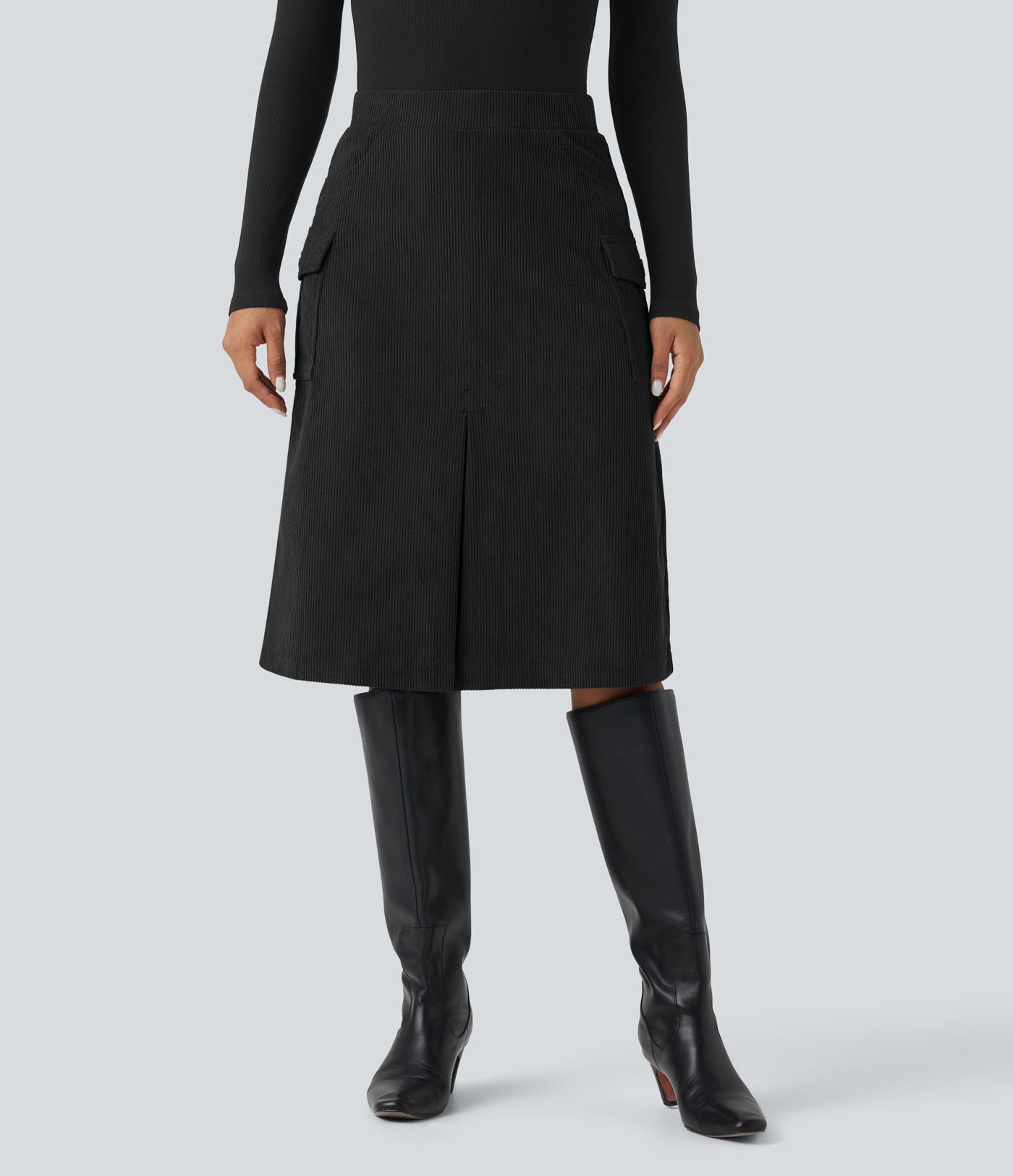 High Waisted A-line Corduroy Casual Midi Skirt with Pockets