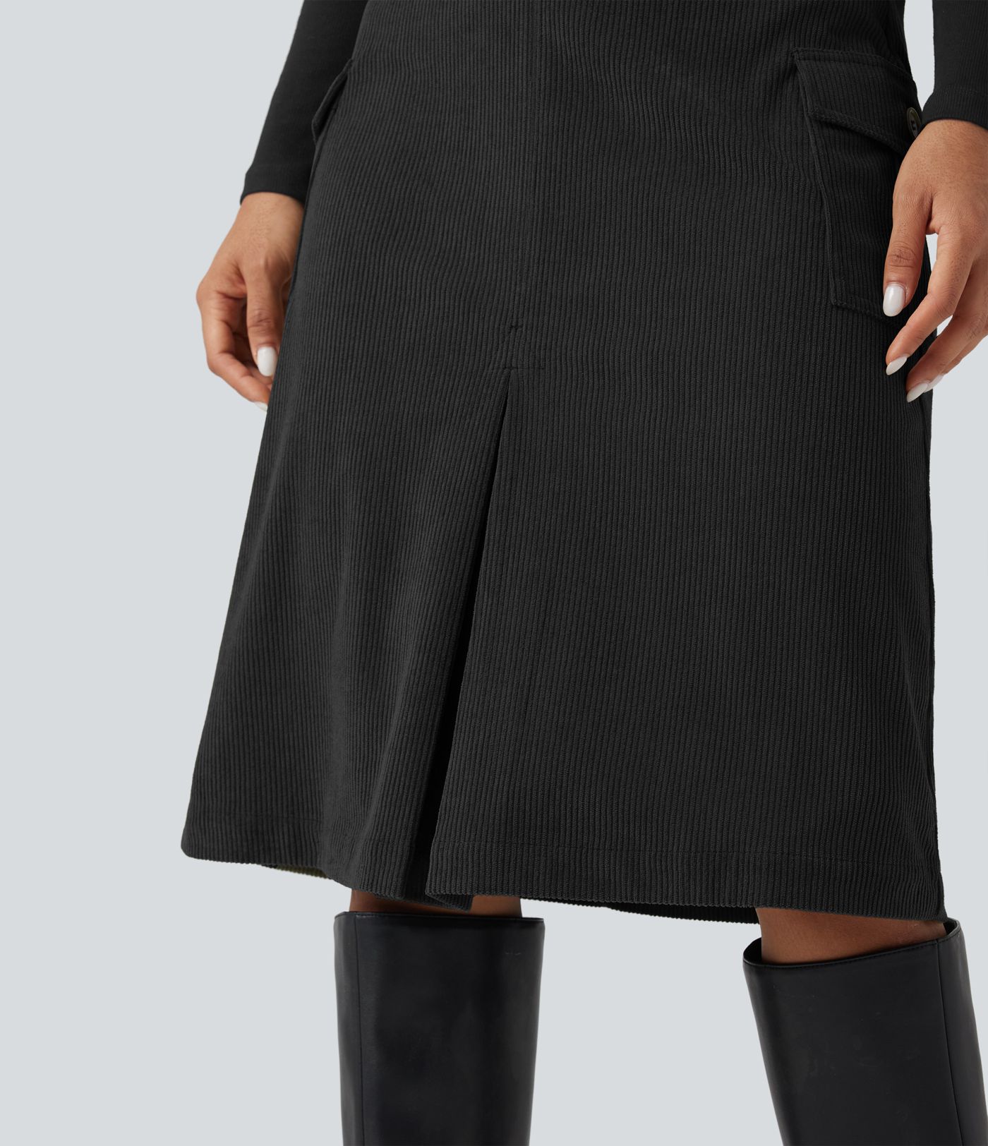 High Waisted A-line Corduroy Casual Midi Skirt with Pockets
