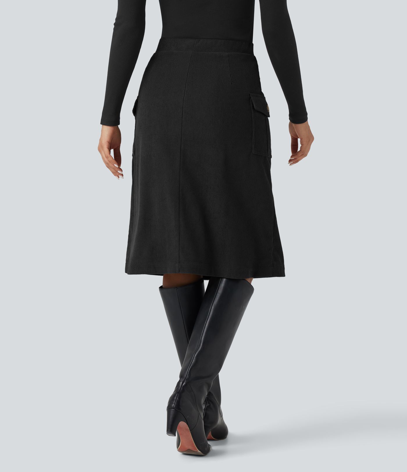 High Waisted A-line Corduroy Casual Midi Skirt with Pockets