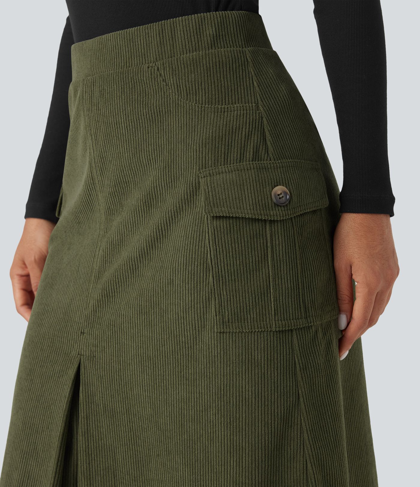 High Waisted A-line Corduroy Casual Midi Skirt with Pockets