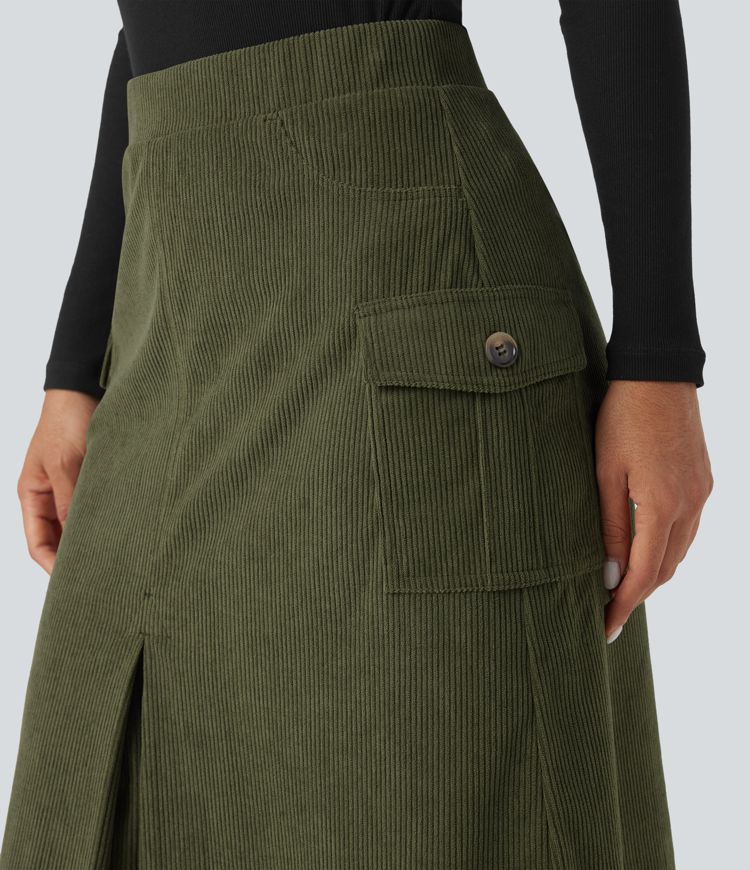 High Waisted A-line Corduroy Casual Midi Skirt with Pockets