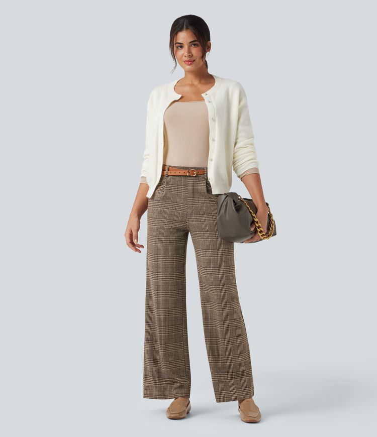 Pantalon tailleur droit Halara Flex™ taille haute pied-de-poule à carreaux avec poches