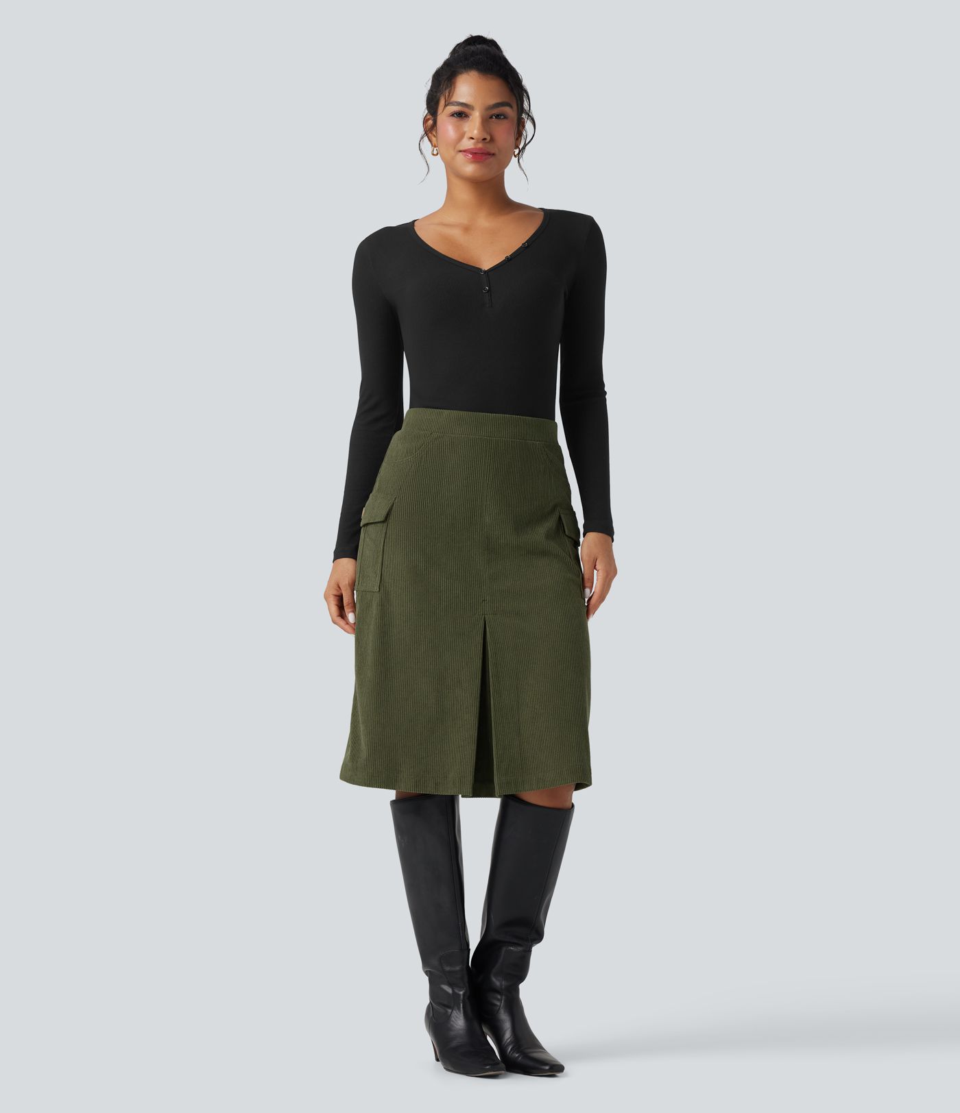 High Waisted A-line Corduroy Casual Midi Skirt with Pockets