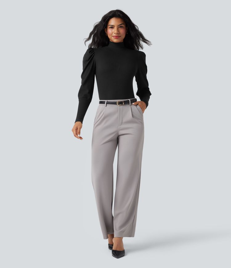 Enger Arbeitsbodysuit aus geripptem Strick mit hohem Kragen und Puffärmeln