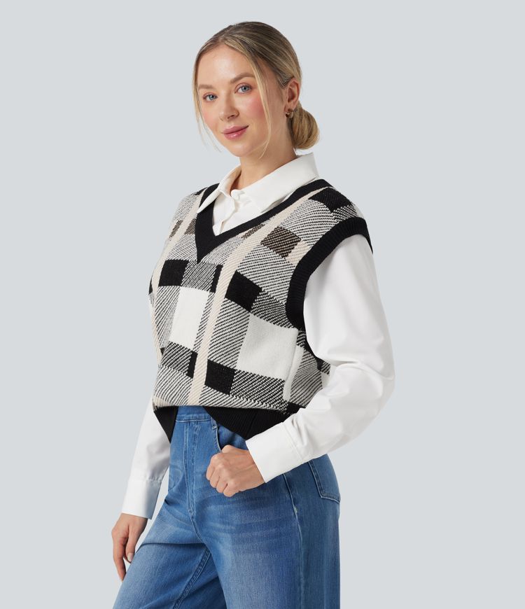 V-neck Plaid Casual Sweater Vest
