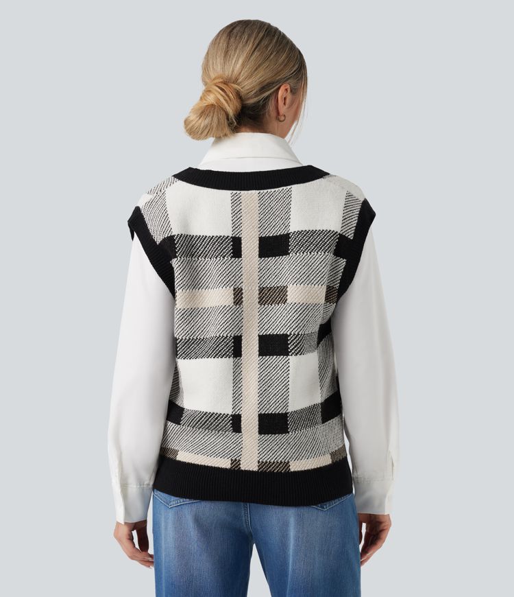 V-neck Plaid Casual Sweater Vest