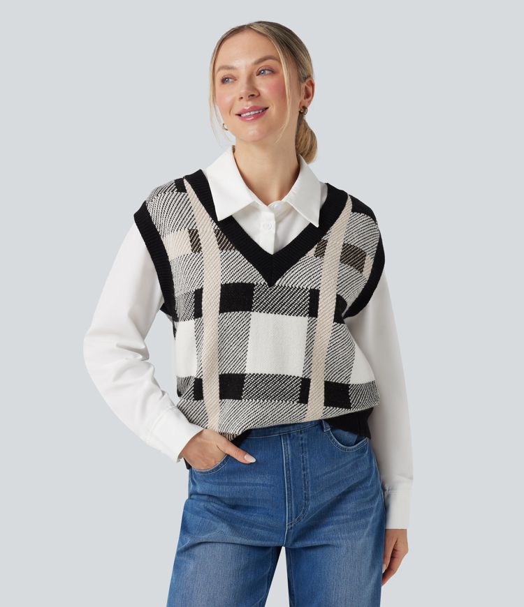 V-neck Plaid Casual Sweater Vest