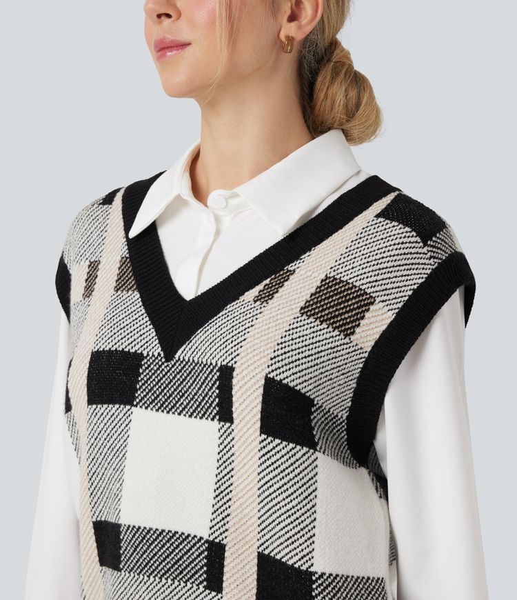 V-neck Plaid Casual Sweater Vest