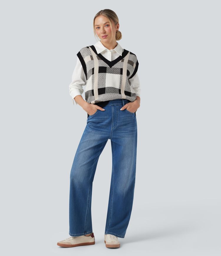 V-neck Plaid Casual Sweater Vest