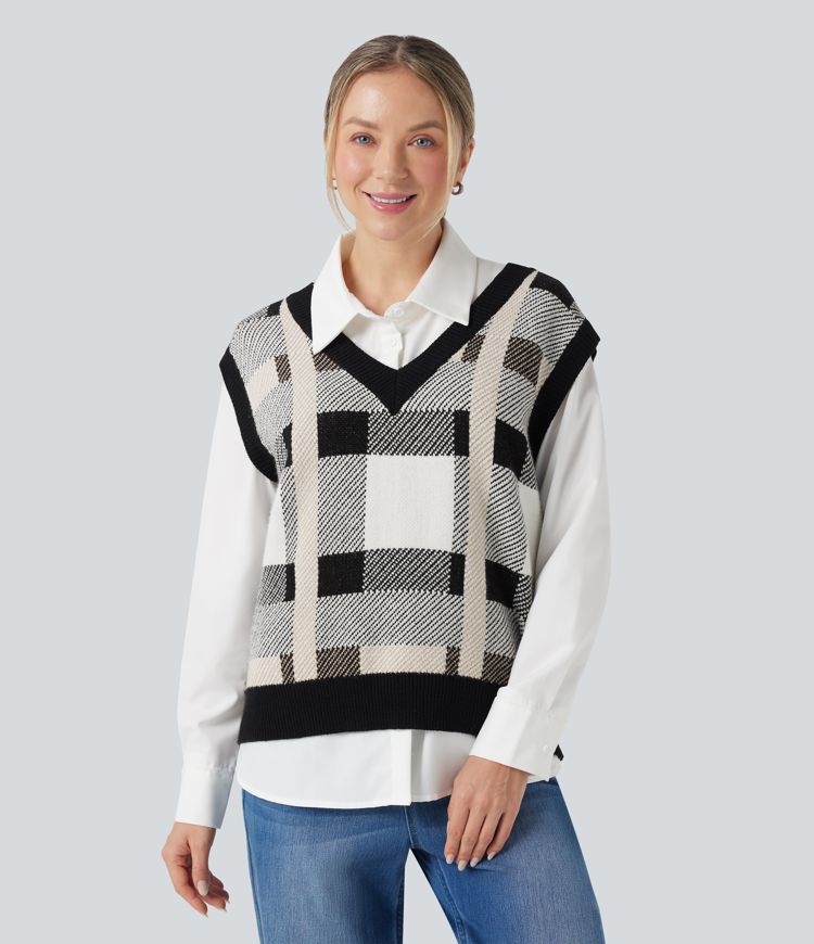 V-neck Plaid Casual Sweater Vest