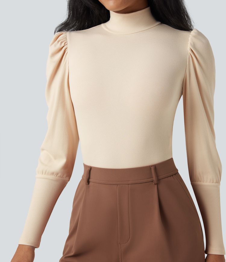 Ribbed Knit High-neck Puff Sleeve Skinny Work Bodysuit