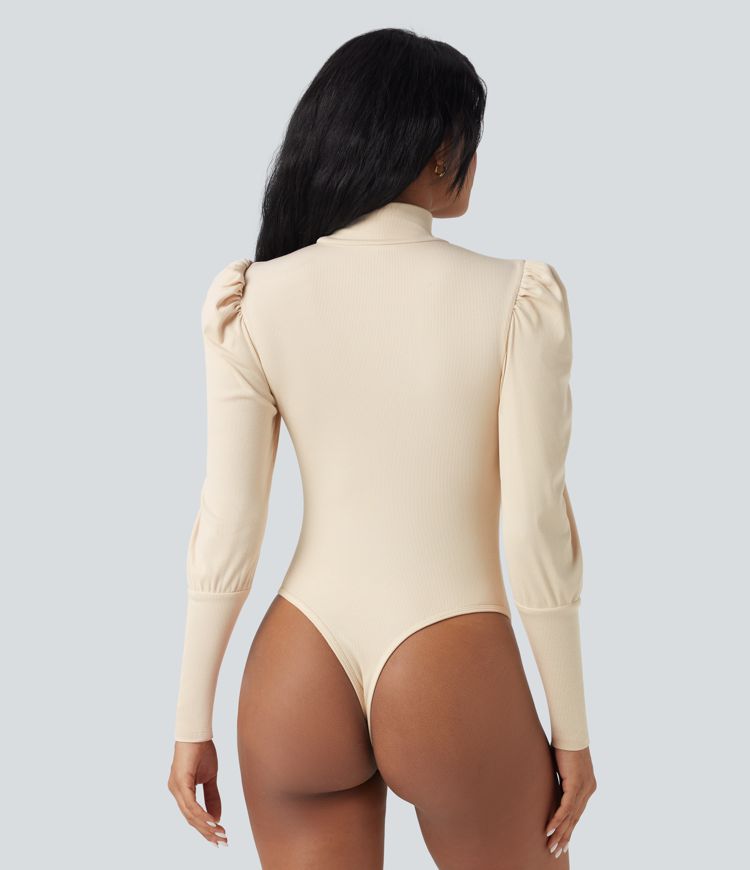 Ribbed Knit High-neck Puff Sleeve Skinny Work Bodysuit