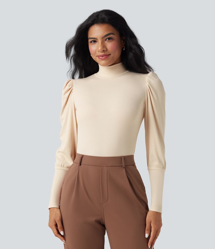 Ribbed Knit High-neck Puff Sleeve Skinny Work Bodysuit