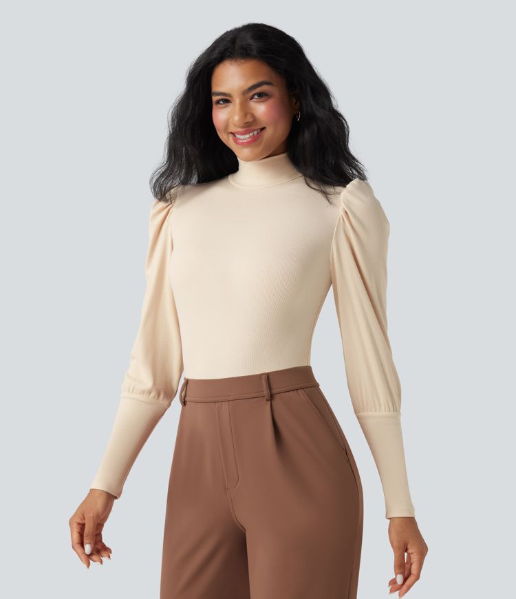 Ribbed Knit High-neck Puff Sleeve Skinny Work Bodysuit