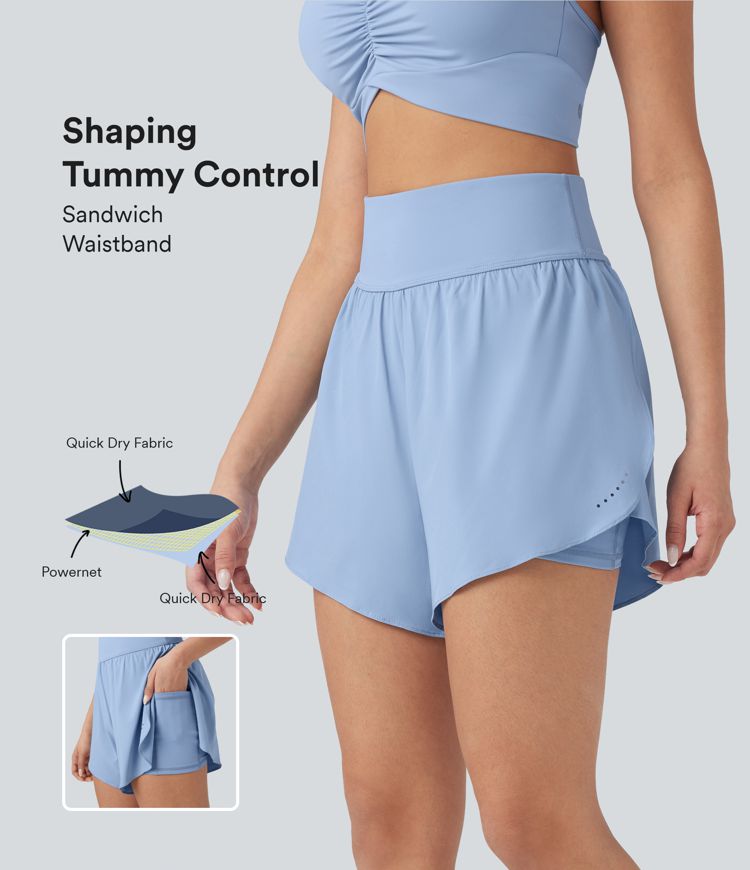 SoftlyZero™ QuickDry SoCinched High Waisted Tummy Control Reflective Dots Crossover Hem 2-in-1 Running Shorts 5'' with Pockets