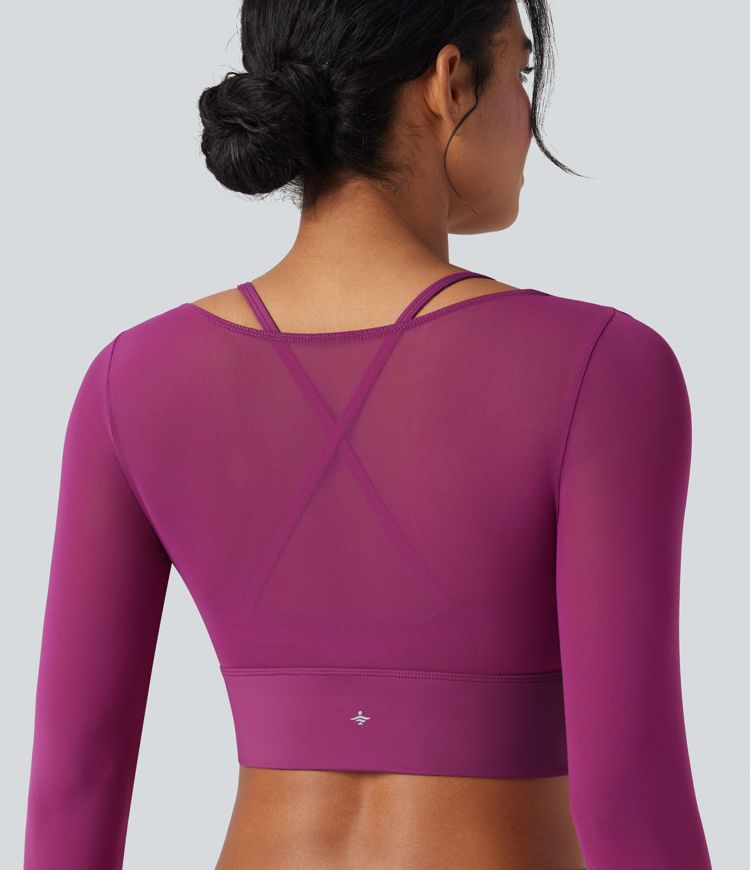 Haut de sport yoga cropped 2-en-1 SoftlyZero™ Plush mesh contrastant manches longues à trous pouces