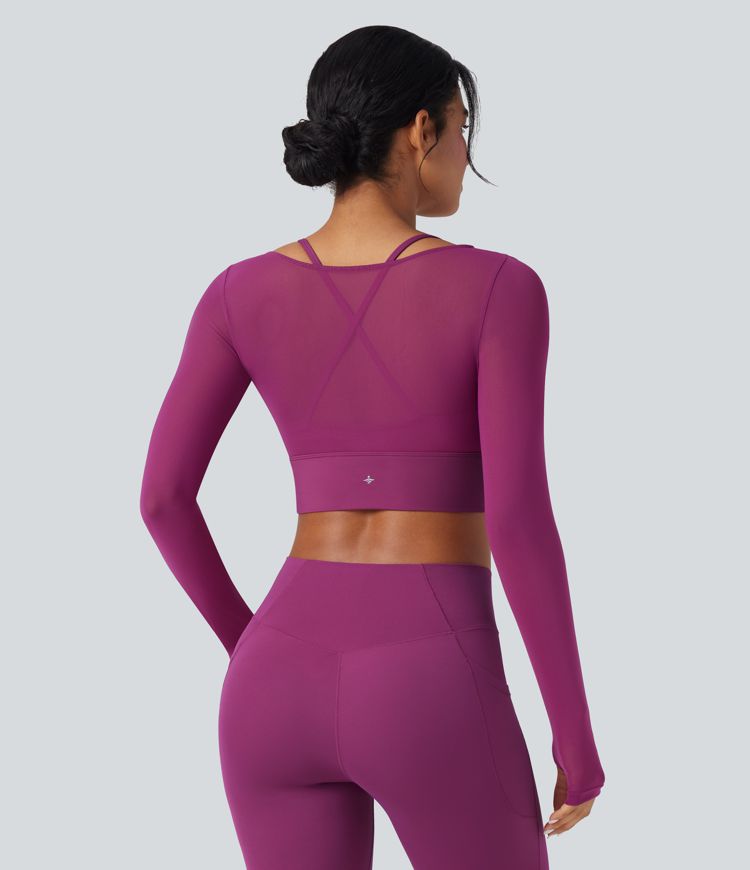 SoftlyZero™ Plush Contrast Mesh Long Sleeve Thumb Hole 2-in-1 Cropped Yoga Sports Top