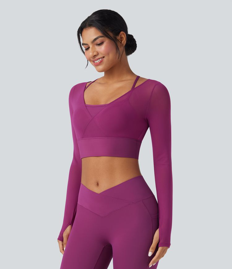 Haut de sport yoga cropped 2-en-1 SoftlyZero™ Plush mesh contrastant manches longues à trous pouces