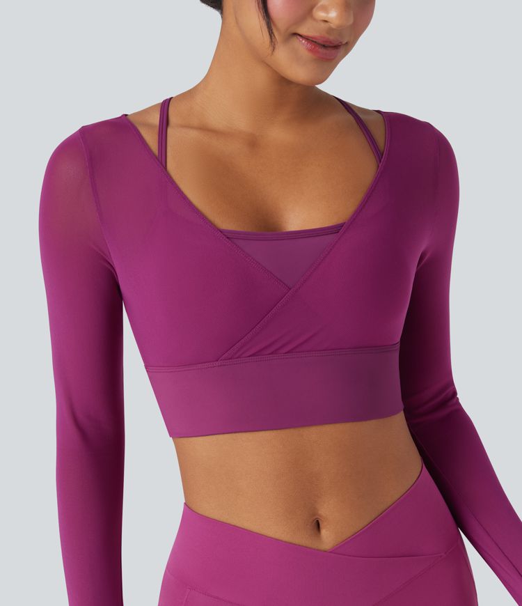 Haut de sport yoga cropped 2-en-1 SoftlyZero™ Plush mesh contrastant manches longues à trous pouces