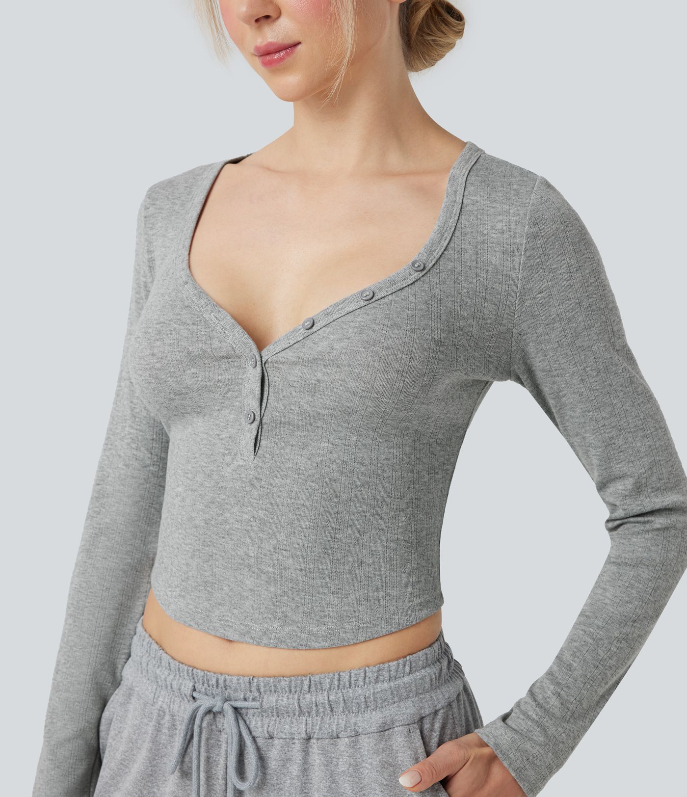 Ribbed Knit Henley Neck Long Sleeve Cropped Lounge Top