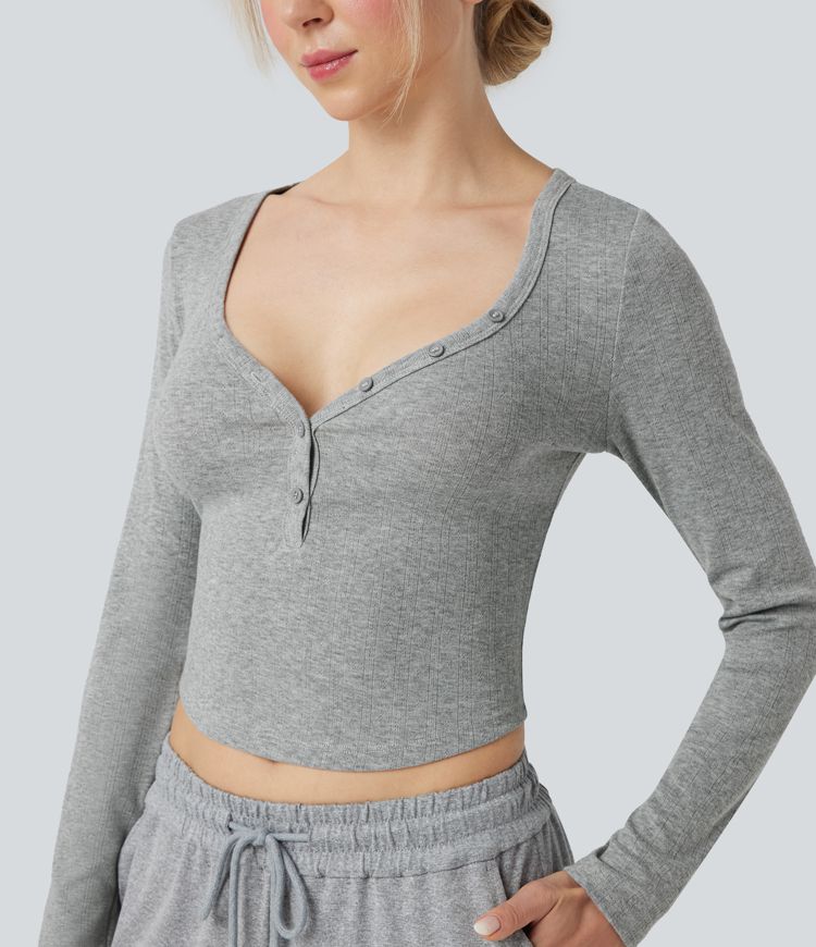 Ribbed Knit Henley Neck Long Sleeve Cropped Lounge Top