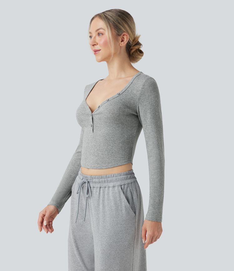 Ribbed Knit Henley Neck Long Sleeve Cropped Lounge Top