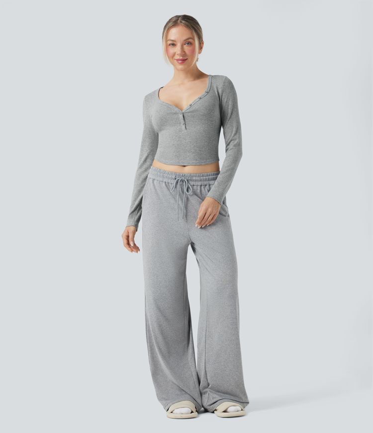 Ribbed Knit Henley Neck Long Sleeve Cropped Lounge Top