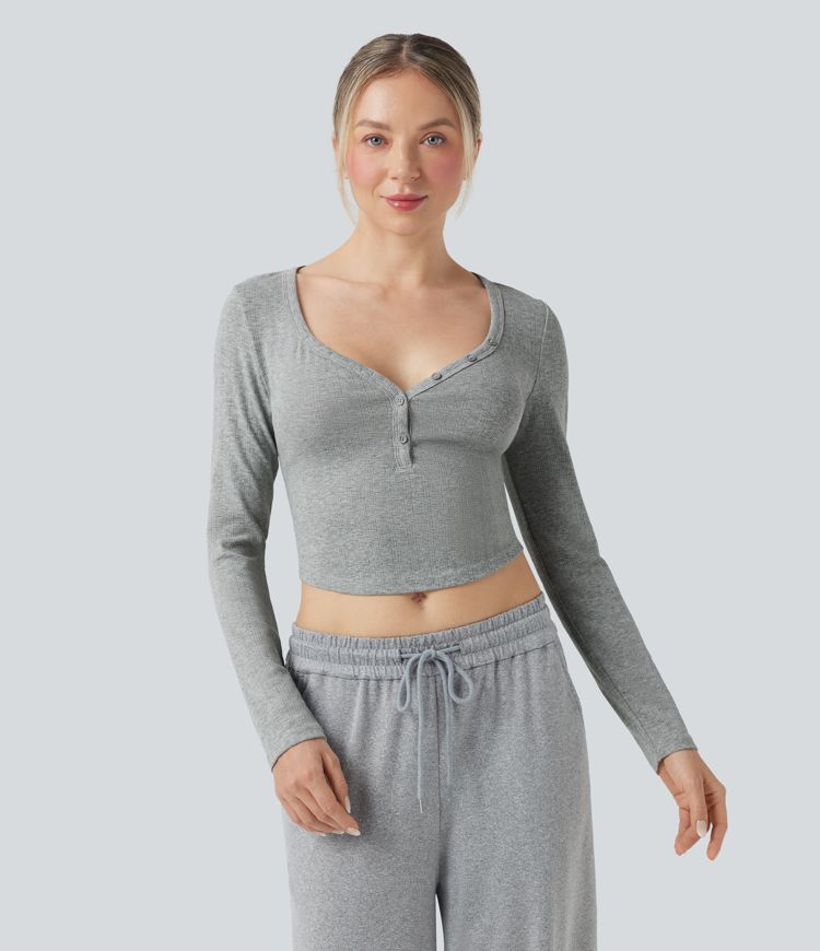 Ribbed Knit Henley Neck Long Sleeve Cropped Lounge Top