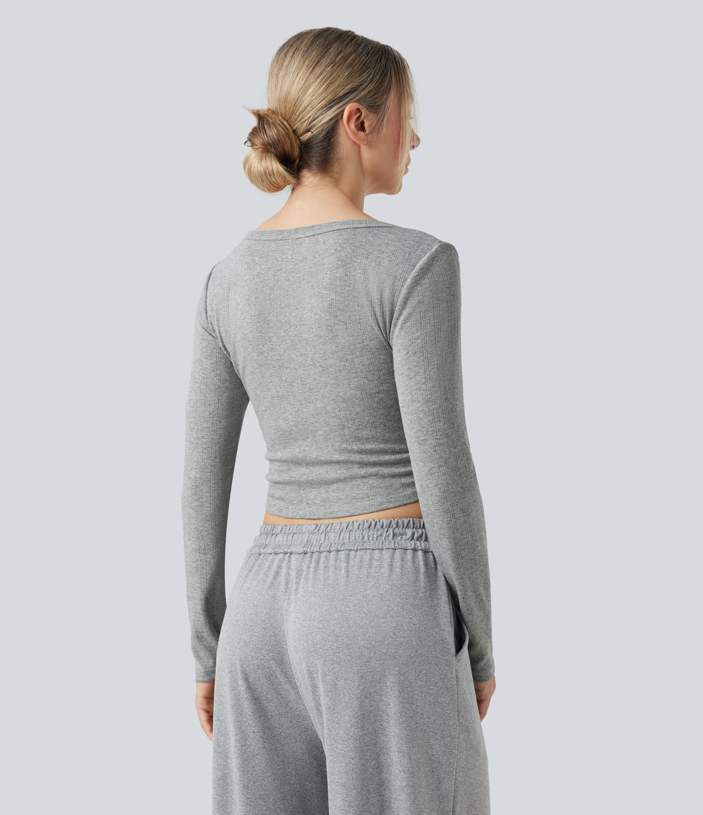 Ribbed Knit Henley Neck Long Sleeve Cropped Lounge Top