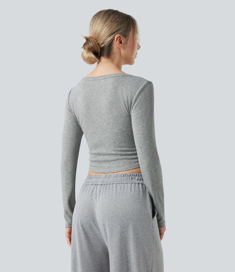 Ribbed Knit Henley Neck Long Sleeve Cropped Lounge Top