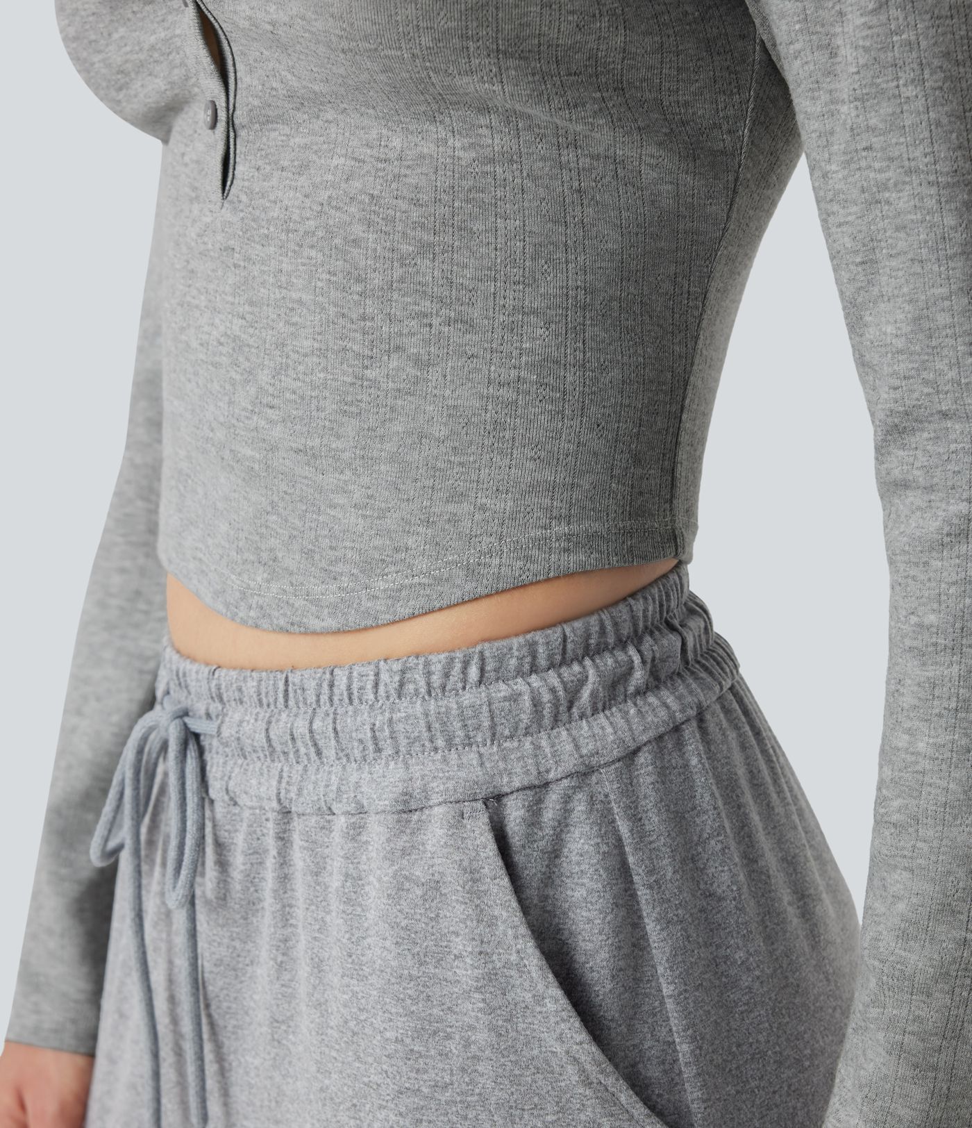 Ribbed Knit Henley Neck Long Sleeve Cropped Lounge Top