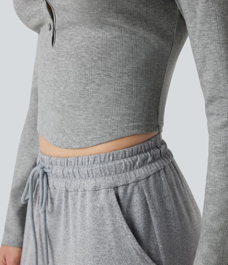 Ribbed Knit Henley Neck Long Sleeve Cropped Lounge Top