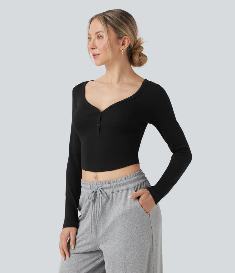 Ribbed Knit Henley Neck Long Sleeve Cropped Lounge Top