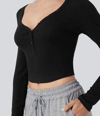 Ribbed Knit Henley Neck Long Sleeve Cropped Lounge Top