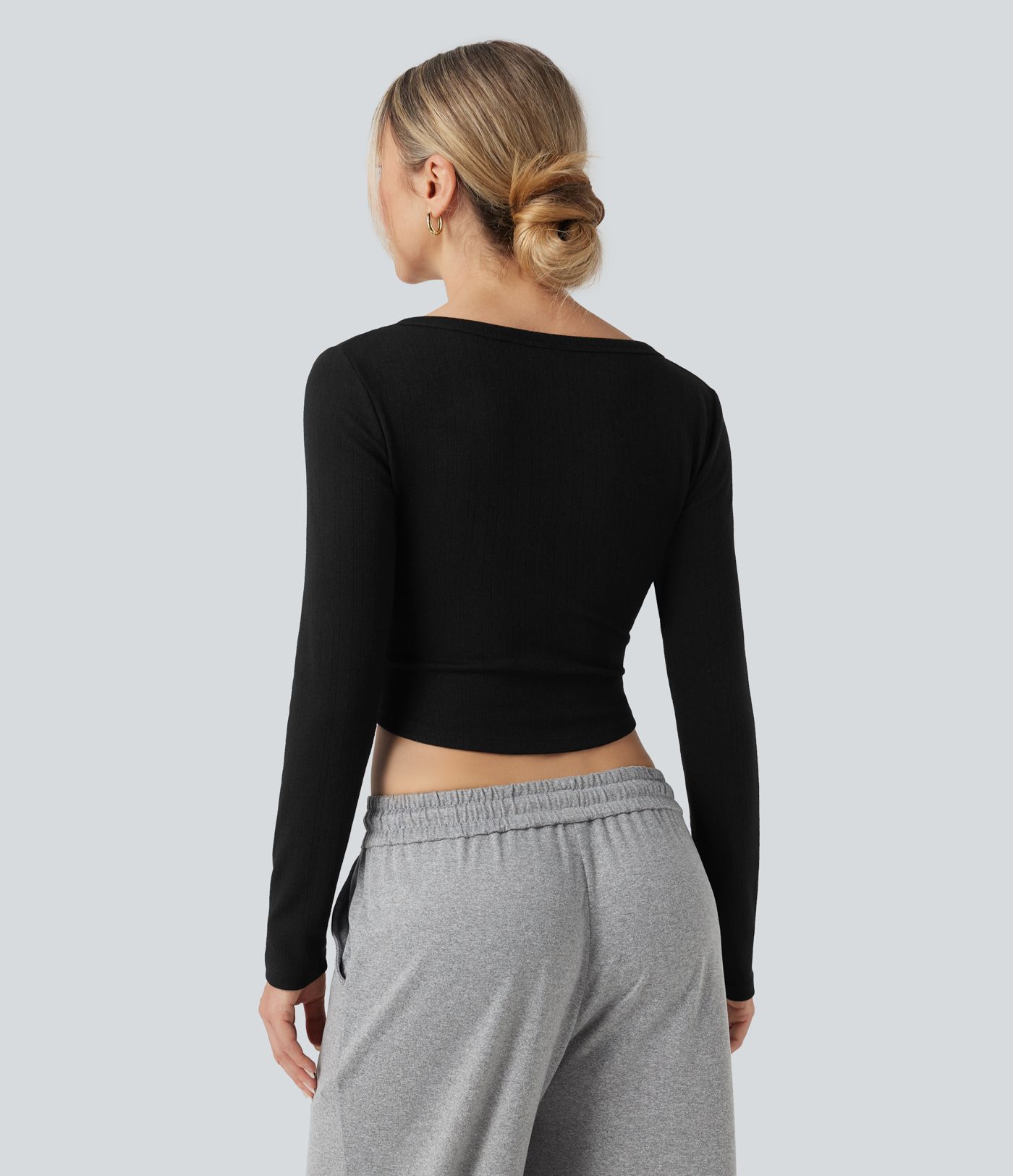 Ribbed Knit Henley Neck Long Sleeve Cropped Lounge Top