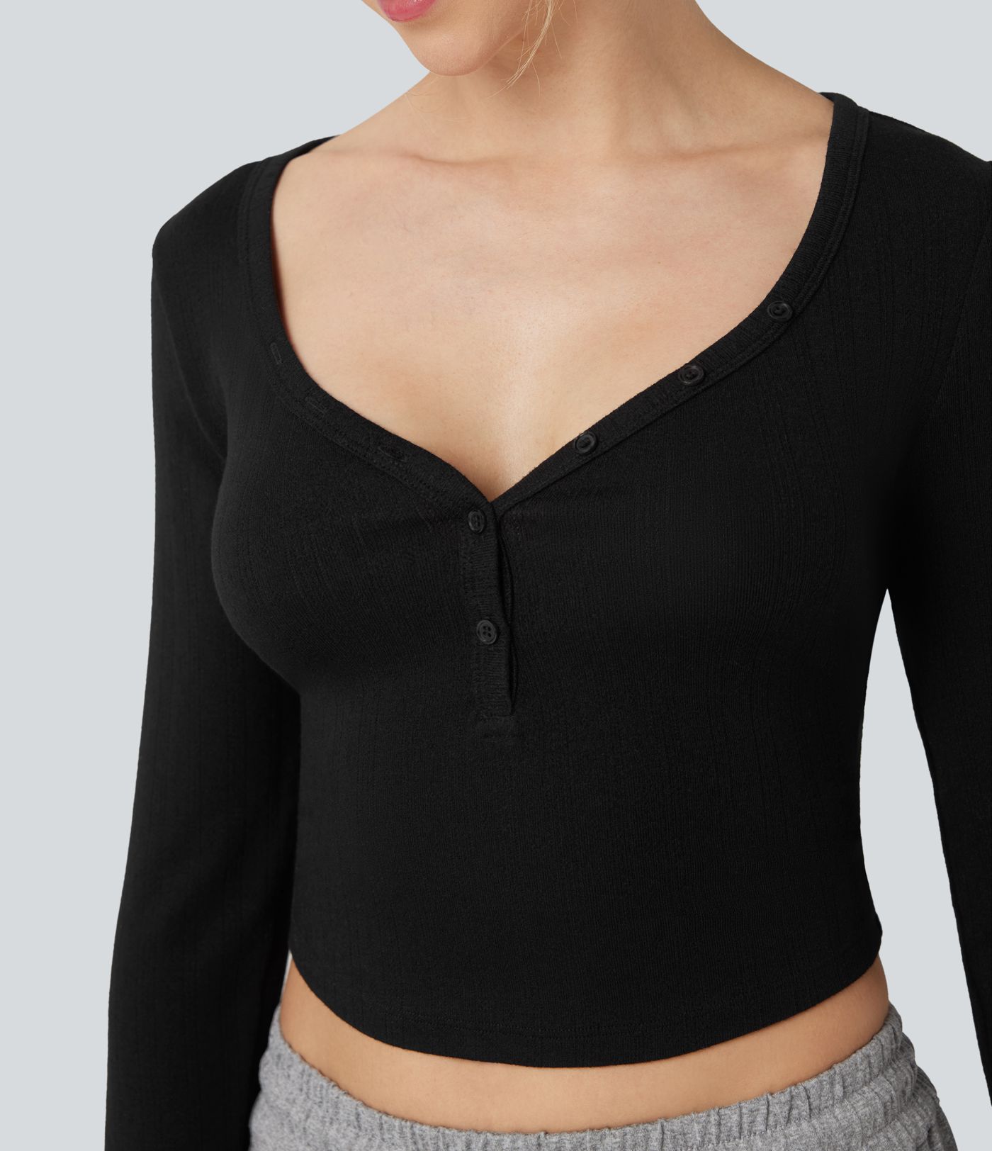Ribbed Knit Henley Neck Long Sleeve Cropped Lounge Top