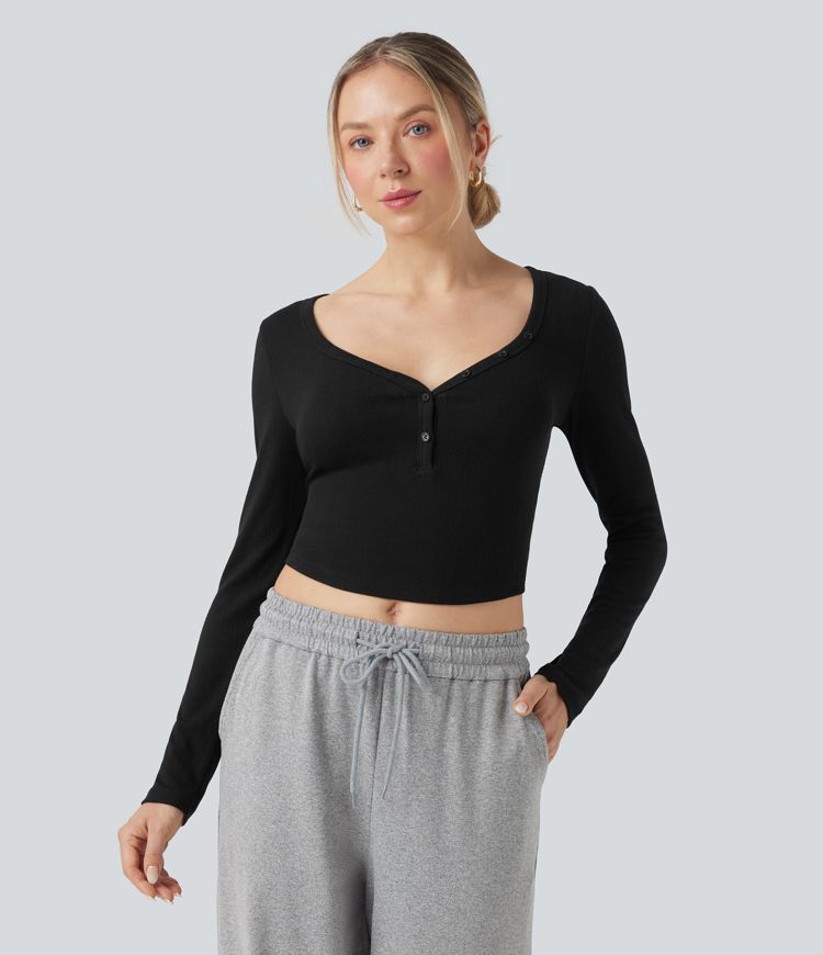 Ribbed Knit Henley Neck Long Sleeve Cropped Lounge Top