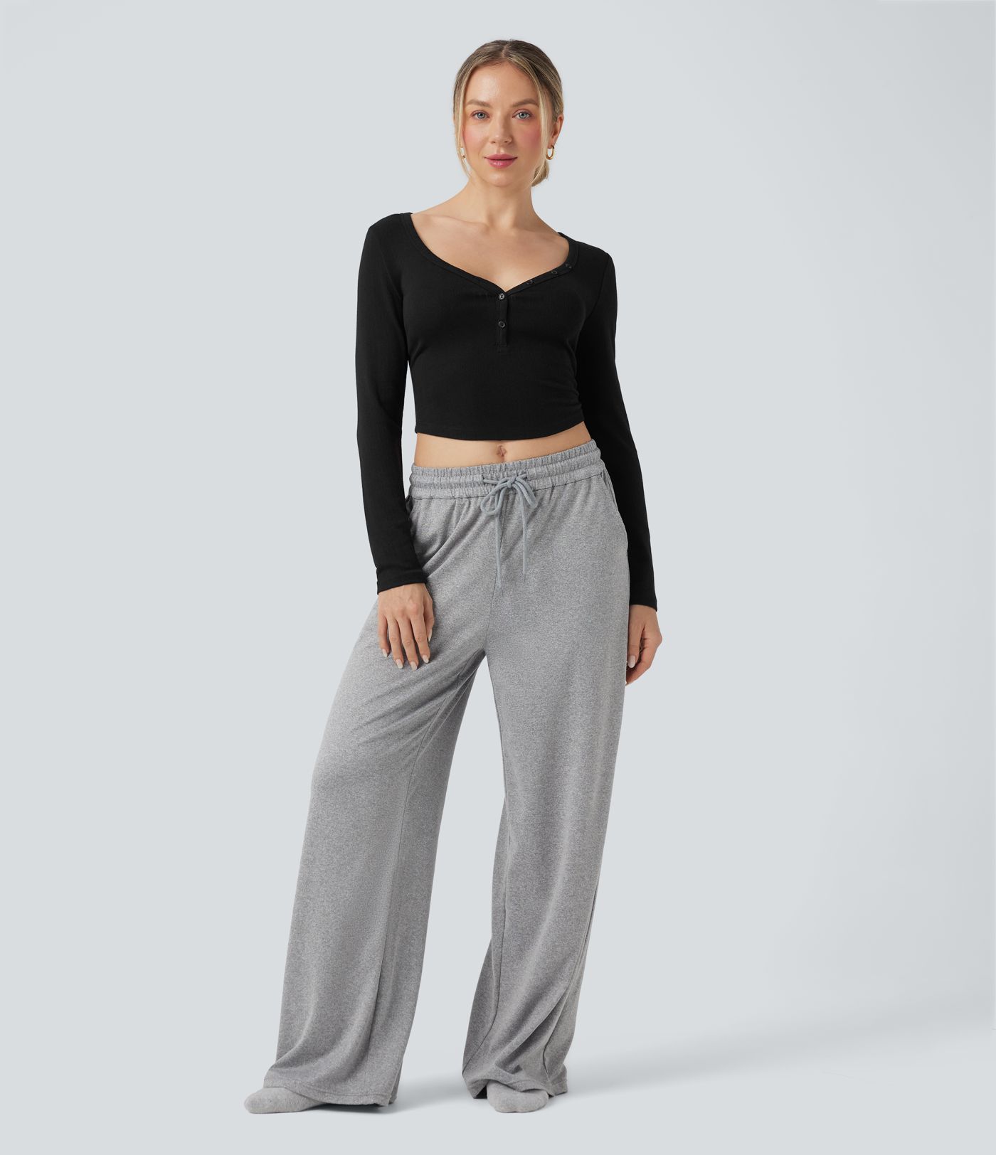 Ribbed Knit Henley Neck Long Sleeve Cropped Lounge Top