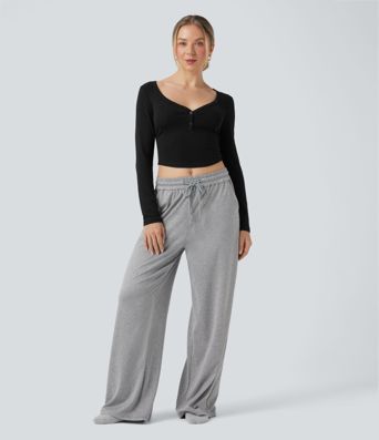 Ribbed Knit Henley Neck Long Sleeve Cropped Lounge Top