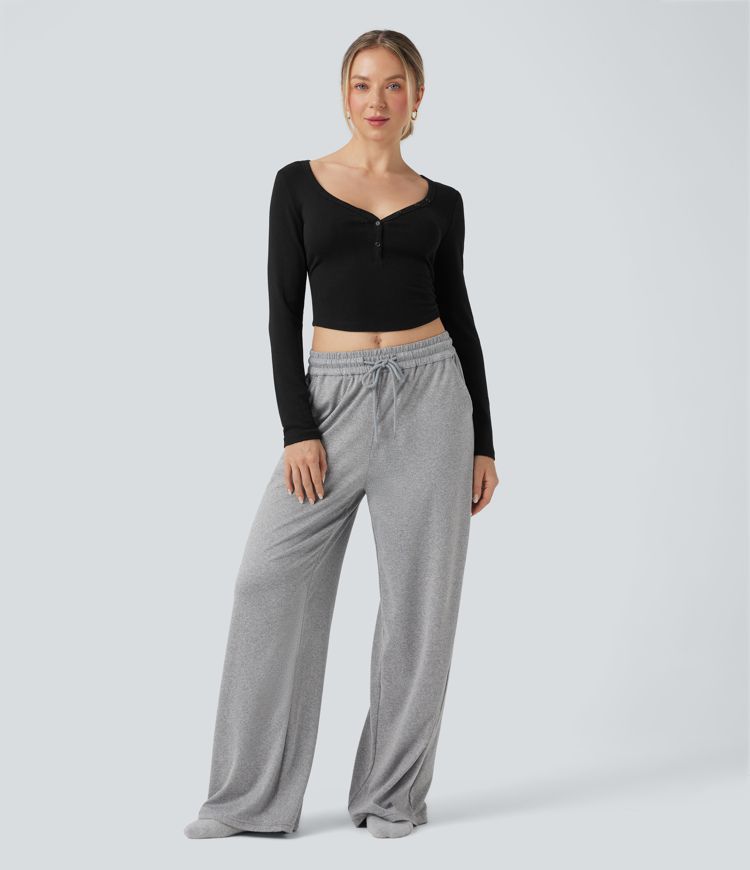 Ribbed Knit Henley Neck Long Sleeve Cropped Lounge Top