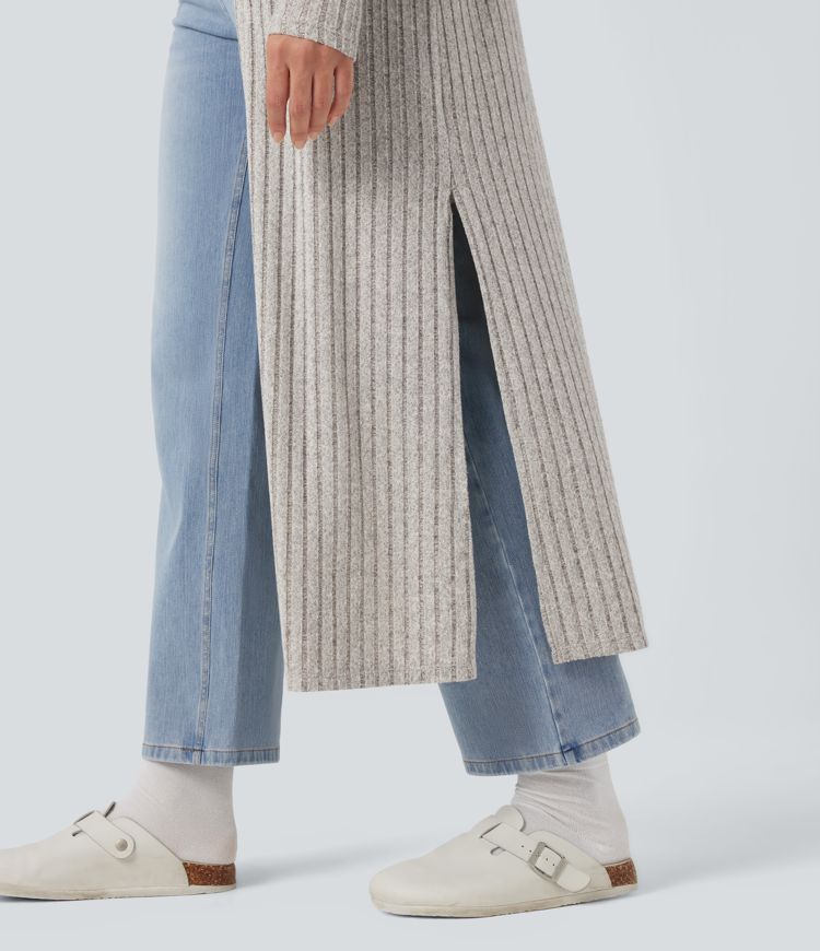 Ribbed Knit Long Sleeve Split Casual Longline Coat