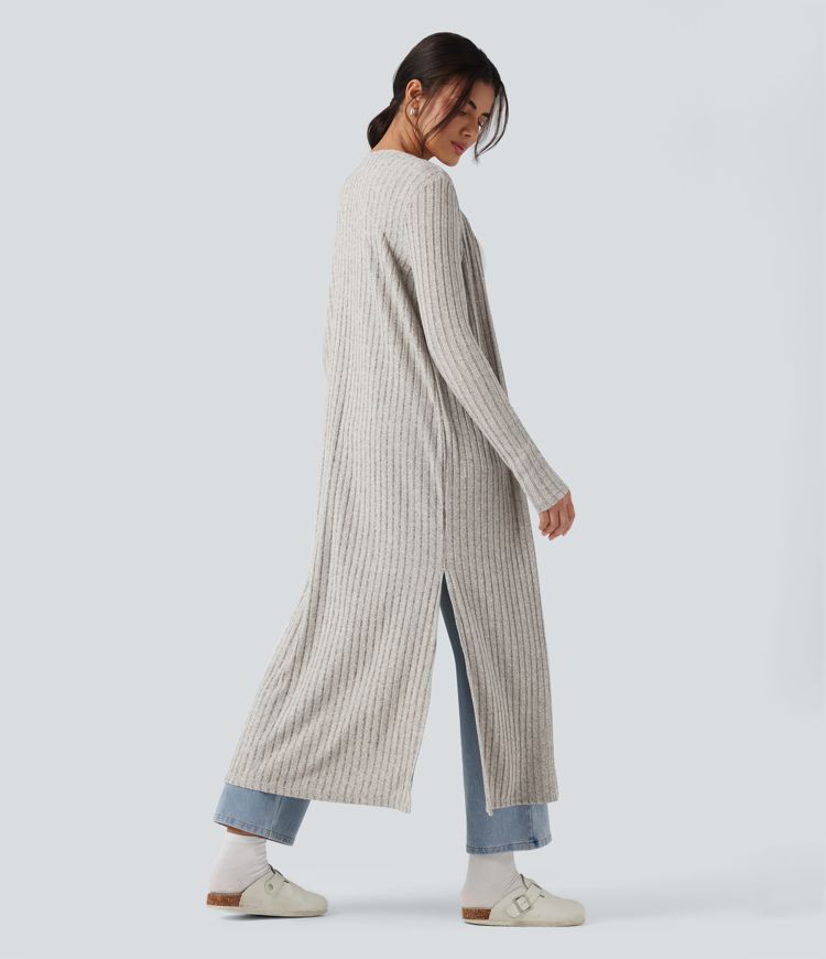 Ribbed Knit Long Sleeve Split Casual Longline Coat
