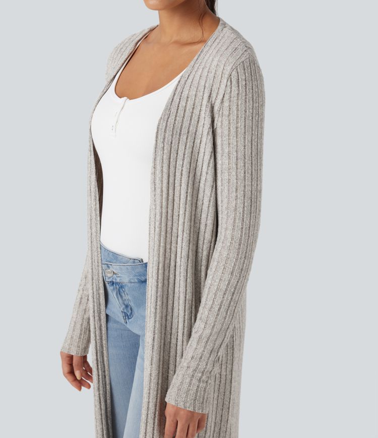 Ribbed Knit Long Sleeve Split Casual Longline Coat