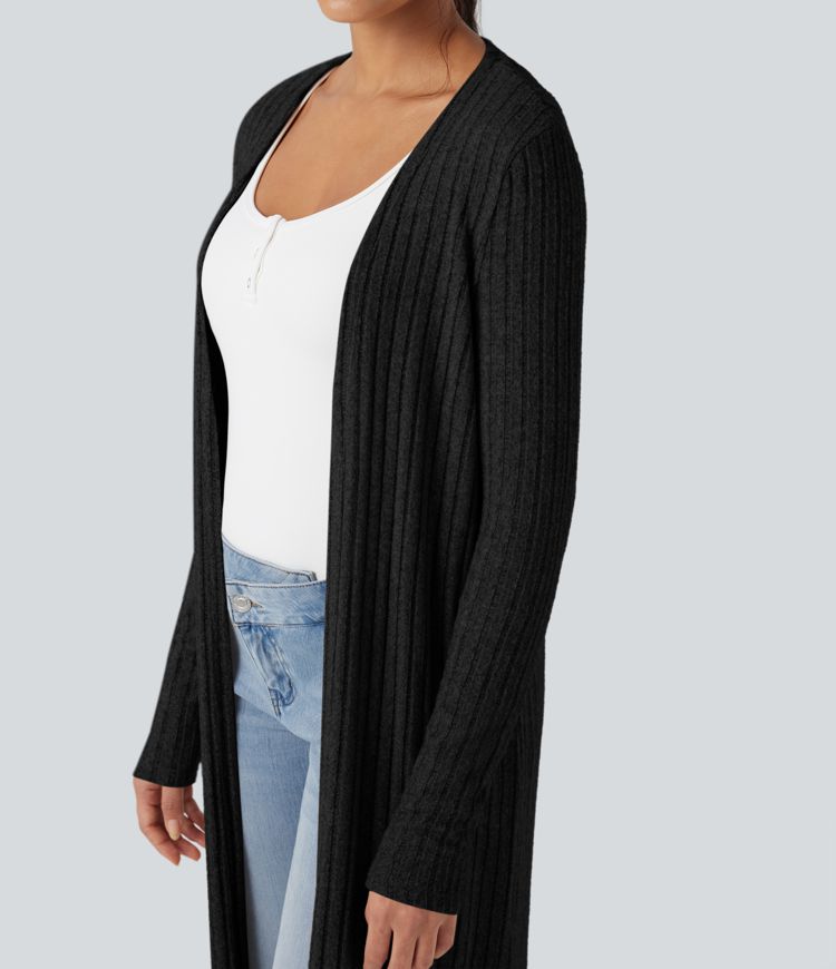 Ribbed Knit Long Sleeve Split Casual Longline Coat