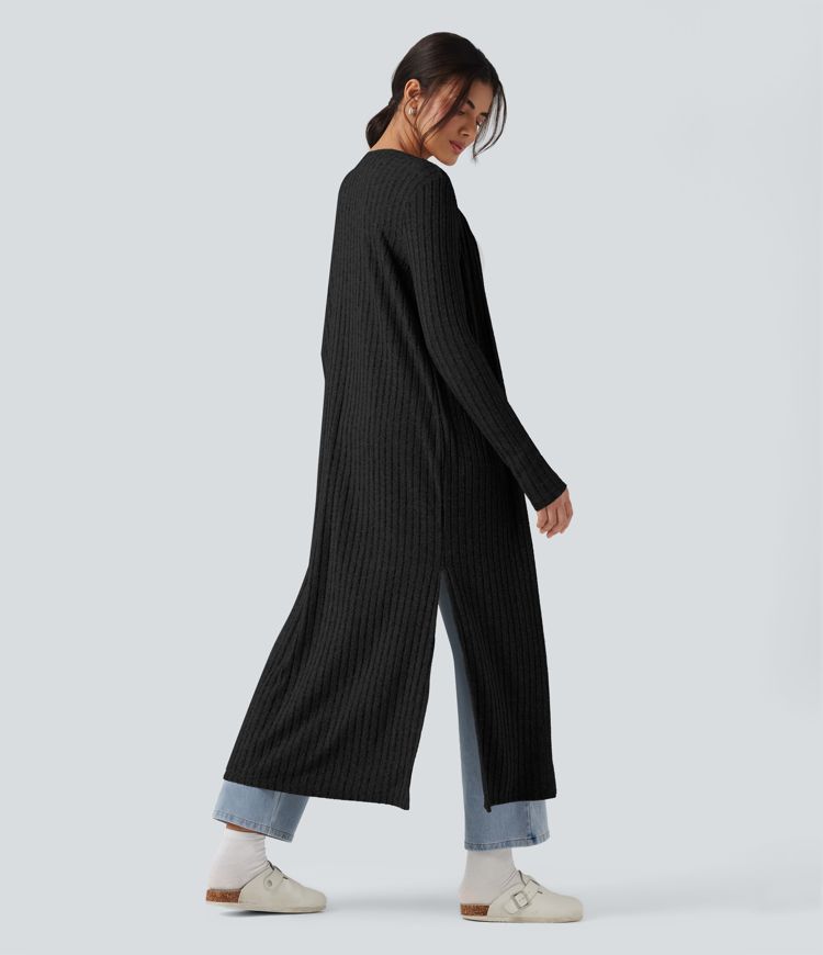 Ribbed Knit Long Sleeve Split Casual Longline Coat