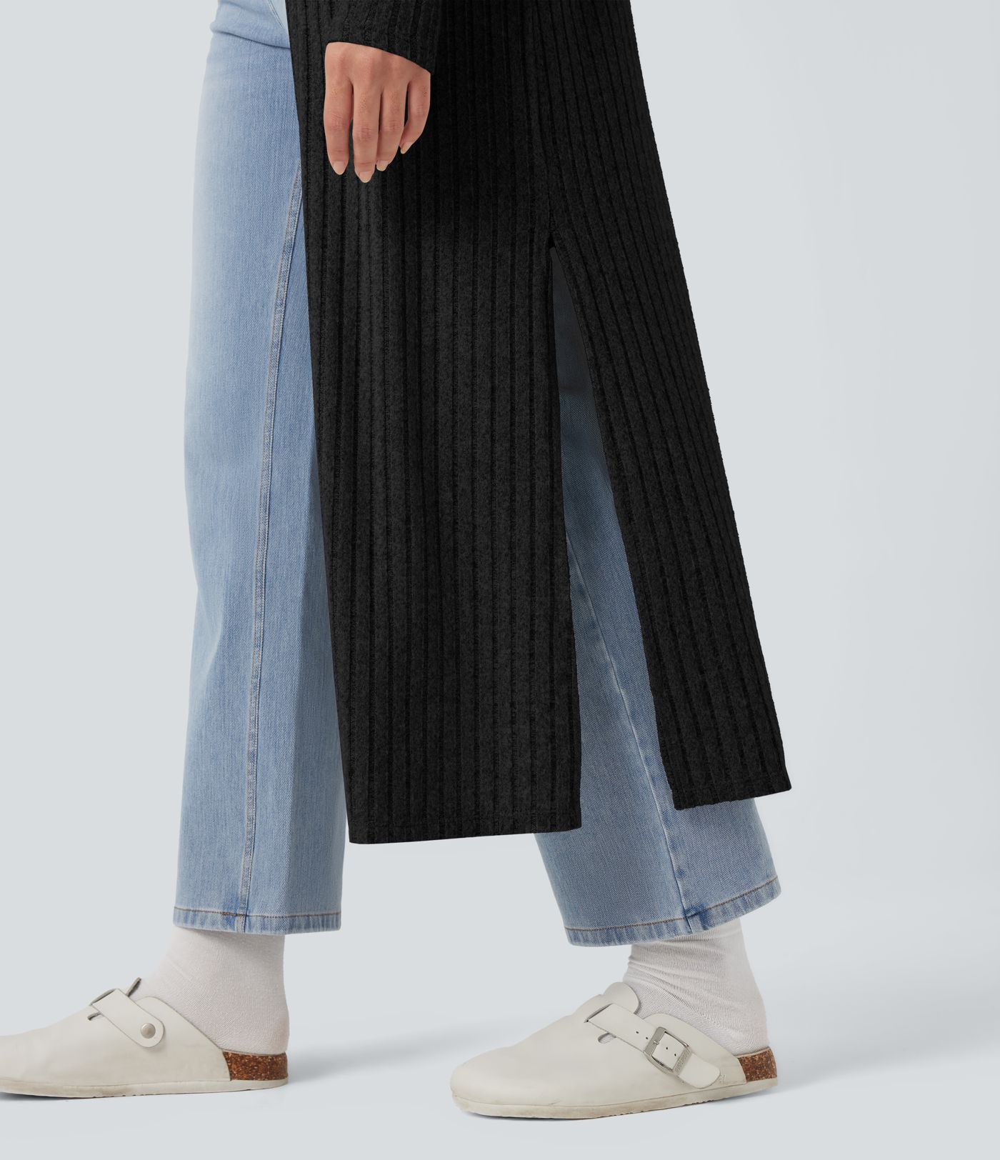 Ribbed Knit Long Sleeve Split Fleece Casual Longline Coat