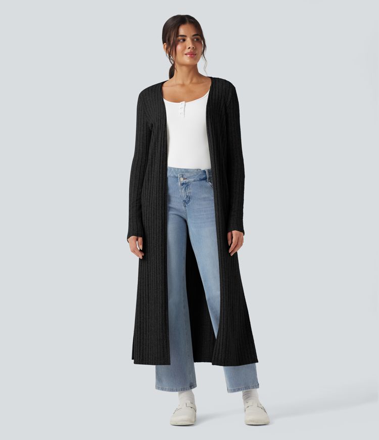 Ribbed Knit Long Sleeve Split Casual Longline Coat