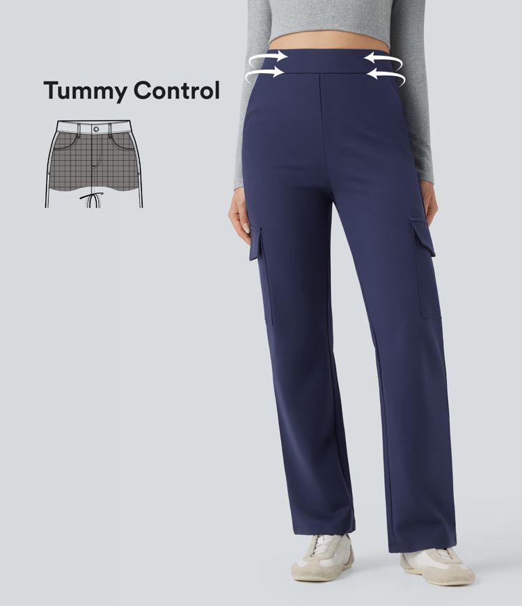 High Waisted Tummy Control Straight Leg Casual Cargo Pants with Pockets