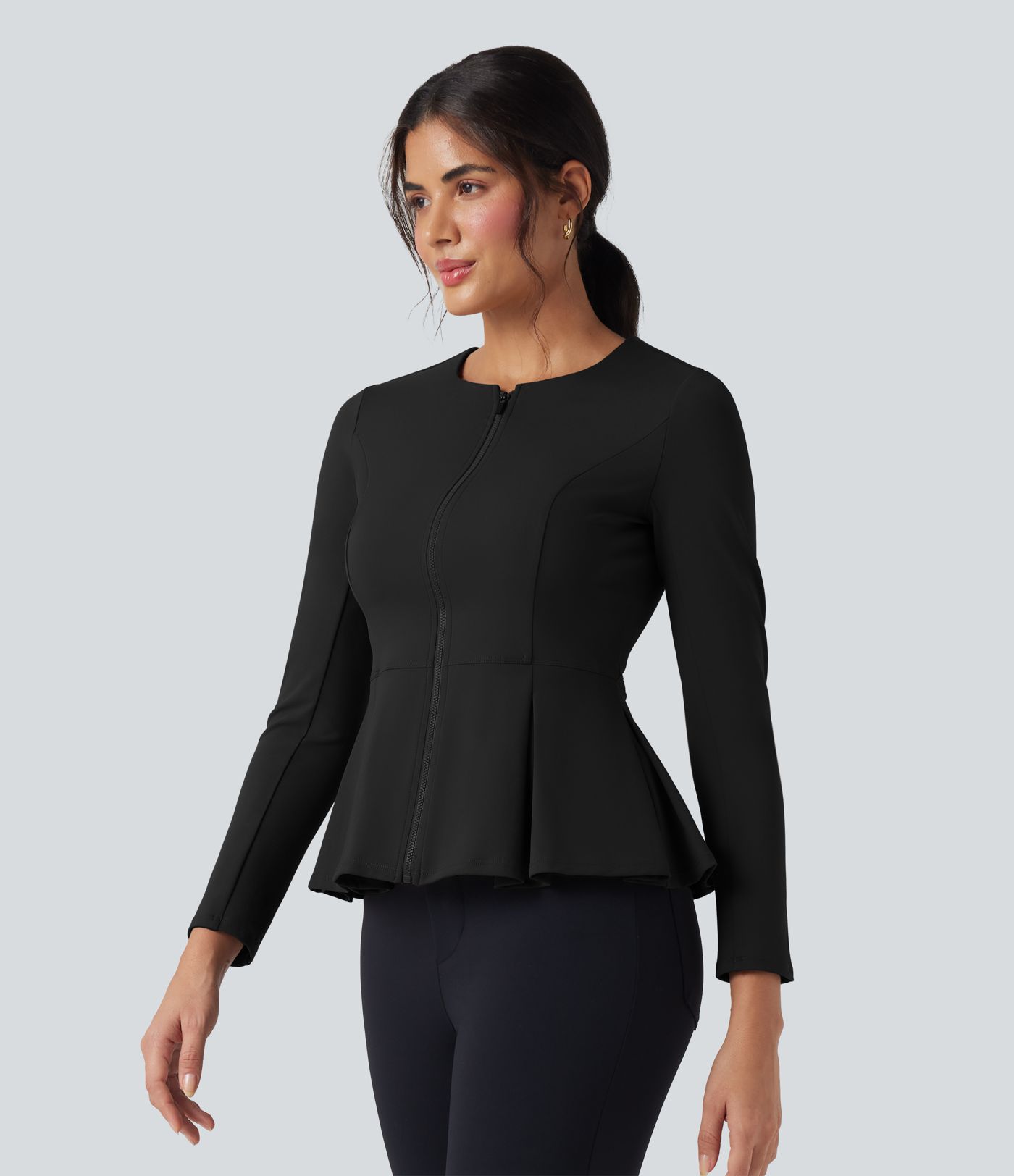 DayStretch Round Neck Zip Fly Work Peplum Jacket