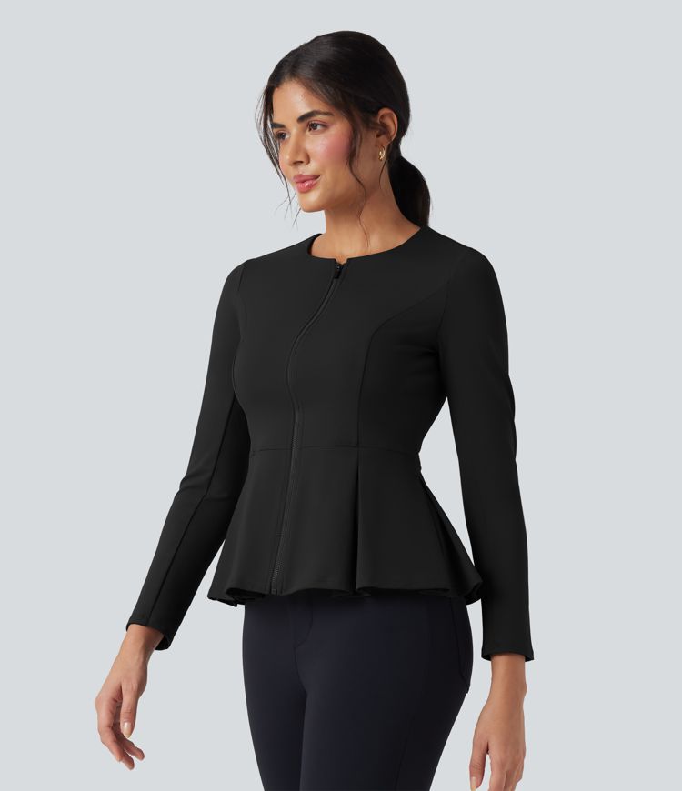 DayStretch Round Neck Zip Fly Work Peplum Jacket